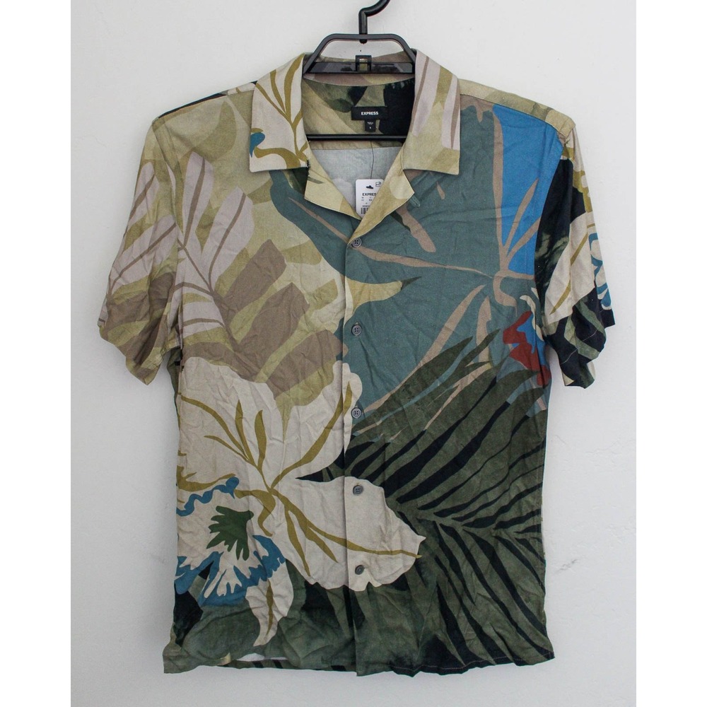 Express Shirt Mens Small Blue Brown Floral Button Up Short Sleeve Camp Tropical